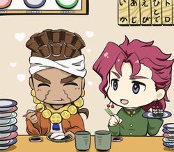  2boys bad_id bad_pixiv_id brown_hair chibi chopsticks closed_eyes dark-skinned_male dark_skin eating facial_mark fish_(food) food gakuran heart jojo_no_kimyou_na_bouken kakyoin_noriaki makizushi male_focus mohammed_avdol multiple_boys neko_nami83 nigirizushi plate purple_eyes red_hair robe school_uniform sushi 