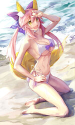  animal_ears beach bikini commentary_request fate/extra fate/extra_ccc fate_(series) female fox_ears fox_tail full_body highres long_hair multiple_tails ocean official_alternate_costume open_mouth pink_hair solo swimsuit tail tamamo_(fate) tamamo_no_mae_(fate/extra) tamamo_no_mae_(sexy_bikini)_(fate) yinzhang 