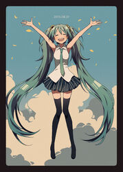  arms_up black_border border closed_eyes commentary_request dated female flower green_hair hair_flower hair_ornament hatsune_miku long_hair matsuki_(mikipingpong) necktie petals skirt solo thighhighs twintails very_long_hair vocaloid 