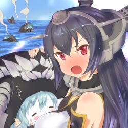  2girls =_= abyssal_ship black_hair blue_hair blue_skin blush chibi colored_skin commentary_request ha-class_destroyer headgear kantai_collection long_hair looking_at_viewer multiple_girls mushi_gyouza nagato_(kancolle) ocean oerba_yun_fang open_mouth red_eyes translated tsurime wo-class_aircraft_carrier 