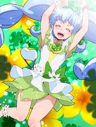  ^_^ alternate_form armpits arms_up blue_hair blush brooch closed_eyes commentary_request cure_princess cure_princess_(macadamia_hula_dance) female flat_chest happinesscharge_precure! happy heart heart_brooch jewelry long_hair open_mouth precure shirayuki_hime skirt solo tj-type1 twintails 