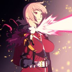  1boy bad_id bad_twitter_id beam belt between_breasts braid breasts commentary dd_(vktr4837) embers expressionless eye_beam fate/grand_order fate_(series) female florence_nightingale_(fate) gloves in_palm jacket karna_(fate) mini_person miniboy mundane_utility pink_hair red_jacket twitter_username white_gloves white_hair 