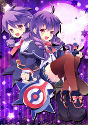  2girls aisha_landar black_footwear blue_skirt bow braid brown_legwear commentary_request dual_persona elsword fingerless_gloves gloves hair_tubes highres long_hair magician_(elsword) multiple_girls natsu_dora panties pink_bow pleated_skirt purple_background purple_hair purple_theme red_bow red_eyes shoes short_hair skirt thighhighs twin_braids underwear white_panties 