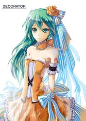  arms_behind_back bare_shoulders commentary decorator_(vocaloid) detached_sleeves english_text female green_eyes green_hair hair_ornament hatsune_miku highres long_hair luozi_roko number_tattoo side_ponytail skirt solo strapless tattoo vocaloid 