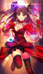  &gt;:) alternate_costume blue_eyes breasts brown_hair cleavage commentary dress earrings fate/grand_order fate/stay_night fate_(series) female gem highres jewelry koyama_hirokazu long_hair looking_at_viewer medium_breasts official_art red_theme resized ribbon ring smile solo thighhighs tohsaka_rin tohsaka_rin_(formalcraft) two_side_up upscaled v-shaped_eyebrows waifu2x zettai_ryouiki 