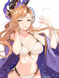  bare_shoulders bikini bracelet braid brown_eyes brown_hair choker commentary_request female flower granblue_fantasy hair_flower hair_ornament jewelry long_hair navel official_alternate_costume solo swimsuit tomo_(tomorag7) tweyen_(eternal&#039;s_summer_vacation)_(granblue_fantasy) tweyen_(granblue_fantasy) white_background 