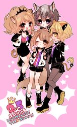  4girls :d animal_ears bad_id bad_pixiv_id big_hair black_footwear black_shorts blonde_hair blush boots breasts bright_pupils brown_hair brown_legwear cheetah_girl citti_(show_by_rock!!) cleavage closed_mouth fennery_(show_by_rock!!) hair_ornament hairclip hands_up jacket jewelry laina_(show_by_rock!!) lion_girl mamaloni multiple_girls necklace one_eye_closed open_clothes open_jacket open_mouth orange_eyes pantyhose pink_background ponytail purple_eyes red_eyes shorts show_by_rock!! simple_background smile socks tail white_legwear yellow_eyes zebrina_(show_by_rock!!) 