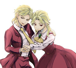  1boy arm_around_back bad_id bad_pixiv_id birthmark blonde_hair dio_brando dress dual_persona ear_birthmark female formal genderswap_(mtf) jojo_no_kimyou_na_bouken necktie neko_nami83 phantom_blood red_dress red_eyes rule_63 suit suspenders upper_body 