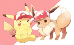  2018 ambiguous_gender brown_body brown_fur clothing dipstick_tail duo eevee feral fur generation_1_pokemon hat headgear headwear looking_at_viewer markings multicolored_tail nintendo one_eye_closed partner_eevee partner_pikachu pikachu pokemon pokemon:_let&#039;s_go pokemon_(species) signature tail tail_markings unavailable_at_source white_body white_fur wink メイ 