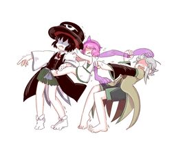  3others androgynous bare_shoulders barefoot black_hair bow chikafumikou coat commentary_request detached_sleeves enraku_tsubakura green_shorts hat houlen_yabusame japanese_clothes jealous large_hat len&#039;en multiple_others open_mouth other_focus pink_eyes pink_hair pulling shion_(len&#039;en) short_hair shorts triangular_headpiece wings 