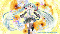  beamed_eighth_notes beamed_sixteenth_notes belt commentary_request dated detached_sleeves eighth_note female flower green_eyes happy_birthday hatsune_miku long_hair musical_note navel necktie open_mouth quarter_note sixteenth_note skirt solo thighhighs treble_clef tsujiori twintails very_long_hair vocaloid 