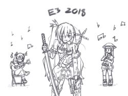  3girls blood blood_on_weapon commentary death_stranding drawfag electronic_entertainment_expo english_commentary fetus flute greyscale guitar gun holding holding_weapon imageboard_desourced injury instrument k-sha katana monochrome multiple_girls neptune_(series) noire_(neptunia) non-web_source parody shin_jigen_game_neptune_vii sword twintails uni_(neptunia) weapon 