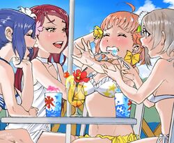  4girls ahoge bikini blue_hair blush bow braid brain_freeze brown_eyes choker clenched_hand clenched_teeth closed_eyes cocktail_flower commentary_request cup dress drinking_glass drinking_straw feeding flower food frilled_bikini frills fruit grey_hair grimace hair_flower hair_ornament hairbow hand_on_own_head head_rest highres komesodo lemon lemon_slice long_hair love_live! love_live!_sunshine!! matsuura_kanan midriff multiple_girls navel open_mouth orange_hair pool_table red_hair sakurauchi_riko shaved_ice short_hair side-tie_bikini_bottom side_braid sitting smile spoon star_(symbol) star_print sundress swimsuit table takami_chika teeth watanabe_you white_bikini white_choker wine_glass yellow_bow 