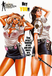  2girls baton_(weapon) belt bracelet breasts brown_eyes brown_hair dark-skinned_female dark_skin earrings expandable_baton fingernails galspolice_24h ganguro grey_eyes highres jewelry large_breasts lips long_fingernails long_hair looking_at_viewer looking_back miniskirt multiple_girls nail_polish open_mouth orange_hair pencil_skirt photoshop_(medium) police police_uniform policewoman skirt tabe_koji uniform weapon 