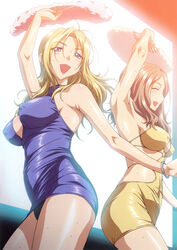  2girls arm_up blonde_hair blue_eyes breasts brown_hair closed_eyes covered_nipples dress hand_fan highres holding kamimura_akiko kouzaka_kouhei long_hair mature_female multiple_girls o-ring official_art open_mouth photoshop_(medium) sisters_~natsu_no_saigo_no_hi~ sleeveless sweat tight_clothes tight_dress 