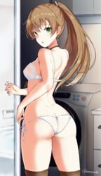  ass bra breasts brown_hair commentary_request duplicate female hair_ornament hairclip high_ponytail kantai_collection kumano_(kancolle) long_hair looking_back medium_breasts panties pixel-perfect_duplicate ponytail side-tie_panties solo standing takaharu thighhighs underwear underwear_only washing_machine white_bra white_panties 