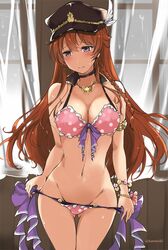  armlet bad_id bad_pixiv_id bangle bikini bikini_pull blush bracelet braid breasts choker cleavage closed_mouth clothes_pull cowboy_shot female front-tie_bikini_top front-tie_top granblue_fantasy hat jewelry large_breasts lecia_(granblue_fantasy) lecia_(summer)_(granblue_fantasy) long_hair looking_away navel necklace orange_hair polka_dot polka_dot_bikini pulling_own_clothes purple_eyes solo swimsuit takaharu 