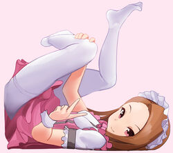  bow bowtie breasts brown_eyes brown_hair ch2haya_p closed_mouth dot_nose dress feet female frilled_dress frills from_side full_body highres holding_own_leg idolmaster idolmaster_(classic) idolmaster_million_live! idolmaster_million_live!_theater_days legs legs_up long_hair looking_at_viewer lying minase_iori no_shoes on_back pantyhose pink_background pink_bow pink_bowtie pink_corset pink_dress pretty_waitress_(idolmaster) puffy_short_sleeves puffy_sleeves short_sleeves simple_background small_breasts smile solo toes underbust v white_headdress white_pantyhose white_wrist_cuffs wrist_cuffs 