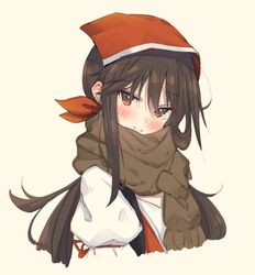  blush brown_hair commentary_request eip_(pepai) falcon_(girls&#039;_frontline) female girls&#039;_frontline head_scarf long_hair looking_at_viewer puffy_sleeves red_eyes ribbon scarf shirt simple_background smile solo white_shirt 