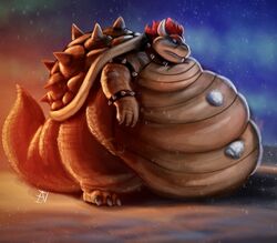  2022 absurd_res anthro armband belly big_belly bowser bracelet claws collar dragon hair hi_res horn ian-exe illumination_entertainment jewelry koopa male mario_bros morbidly_obese morbidly_obese_anthro morbidly_obese_male mouth_closed mythological_creature mythological_scalie mythology nintendo nude obese obese_anthro obese_male outside overweight overweight_anthro overweight_male raised_tail red_hair scales scalie shell side_view signature snow snowball snowing solo spiked_armband spiked_bracelet spiked_collar spiked_shell spikes spikes_(anatomy) standing tail the_super_mario_bros_movie thick_tail thick_thighs toe_claws wide_eyed wide_hips 