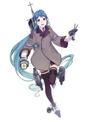  absurdres adapted_turret bangs black_legwear blue_eyes blue_hair blue_neckwear cannon coat collared_shirt female gloves gradient_hair grey_coat highres kantai_collection long_hair looking_at_viewer machinery multicolored_hair neckerchief original_remodel_(kantai_collection) samidare_(kantai_collection) searchlight shirt simple_background smile smokestack solo swept_bangs thighhighs torpedo_launcher turret uyama_hajime very_long_hair white_background white_gloves 