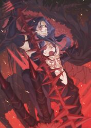  1boy blue_hair bodypaint cape closed_mouth cu_chulainn_(fate) cu_chulainn_alter_(fate) cu_chulainn_alter_(third_ascension)_(fate) dark_blue_hair dark_persona earrings elbow_gloves facepaint fate/grand_order fate_(series) fire floating_cape floating_hair fur-trimmed_cape fur_trim gae_bolg_(fate) gloves grin highres holding holding_polearm holding_weapon hood hood_up incho_(hiwaintyo) jewelry knee_up long_hair looking_at_viewer male_focus monster_boy muscular muscular_male pants polearm ponytail red_eyes sharp_teeth skin_tight smile solo spear spikes tail teeth topless_male weapon 