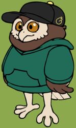  anthro athene_(genus) avian bird black_clothing black_hat black_headwear brown_body clothing dimwiddy feathered_wings feathers feet green_clothing green_shirt green_t-shirt green_topwear hat headgear headwear little_owl_(dimwiddy) male owl shirt solo t-shirt tail tail_feathers topwear true_owl white_feet wings yellow_eyes 