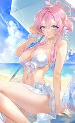  absurdres bad_id bad_pixiv_id beach_umbrella bikini blue_archive blush breasts cleavage female hair_bun halo highres large_breasts lee0124 lens_flare looking_at_viewer mimori_(blue_archive) mimori_(swimsuit)_(blue_archive) navel official_alternate_costume outdoors pink_hair scrunchie sidelocks single_side_bun sitting smile solo swimsuit umbrella white_bikini wrist_scrunchie 