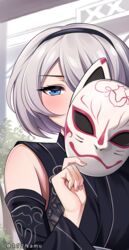  2b_(nier:automata) absurdres black_hairband blue_eyes blush detached_sleeves female fox_mask grey_hair hair_over_one_eye hairband highres japanese_clothes looking_at_viewer mask namu_(112namu) nier:automata nier_(series) official_alternate_costume unworn_mask upper_body 