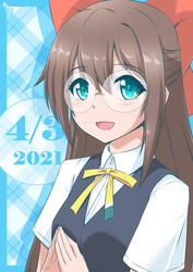  absurdres birthday blue_background blue_eyes breasts brown_hair bunji commentary dated female glasses hair_ribbon half_updo highres long_hair looking_at_viewer love_live! love_live!_nijigasaki_high_school_idol_club nijigasaki_school_uniform osaka_shizuku red_ribbon ribbon round_eyewear school_uniform short_sleeves sidelocks small_breasts smile solo two-tone_background upper_body white_background 