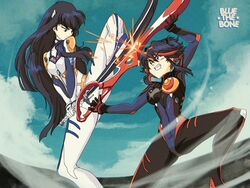  1990s_(style) 2girls adapted_costume artist_name bakuzan battle black_hair bluethebone bodysuit clenched_teeth closed_mouth cloud commentary day eyelashes frown holding holding_sword holding_weapon junketsu kill_la_kill kiryuuin_satsuki leg_up long_hair matoi_ryuuko multicolored_hair multiple_girls neon_genesis_evangelion outdoors red_hair retro_artstyle scissor_blade_(kill_la_kill) senketsu siblings sisters sky spread_legs streaked_hair sword teeth watermark weapon wind 