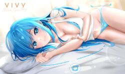  absurdres bare_arms bed_sheet blue_bra blue_eyes blue_hair blue_panties bra breasts character_name clement39 closed_mouth copyright_name female groin highres long_hair looking_at_viewer lying midriff navel on_side panties pillow shiny_skin shirt sleeveless sleeveless_shirt smile solo stomach straight_hair underwear very_long_hair vivy vivy:_fluorite_eye&#039;s_song white_shirt 