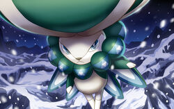  animal_focus blue_eyes calyrex closed_mouth commentary frown graphite_(medium) hakuginnosora looking_at_viewer night night_sky no_humans outdoors pokemon pokemon_(creature) rabbit sky snow snowing solo traditional_media 