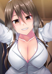  absurdres ashigara_(kancolle) ashigara_kai_ni_(kancolle) breasts brown_eyes brown_hair cleavage collarbone collared_shirt female hairband heart heart_in_eye highres kantai_collection large_breasts long_hair long_sleeves ruin_re_birth shirt smile solo symbol_in_eye wavy_hair white_hairband white_shirt 