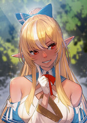  bare_shoulders blonde_hair blue_bow blurry blurry_background blush bow breasts commentary dark-skinned_female dark_skin elf female gloves grin hair_between_eyes hairbow head_tilt high_ponytail highres hololive index_finger_raised large_breasts light_blush long_hair long_sleeves looking_to_the_side multicolored_hair nose_blush pointy_ears red_eyes shiranui_flare shiranui_flare_(1st_costume) sidelocks smile solo sparkle streaked_hair takami_masahiro two-tone_hair upper_body virtual_youtuber white_gloves white_hair wide_sleeves 