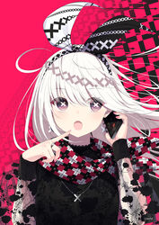  :o black_shirt brown_eyes cellphone commentary cross english_commentary female floating_hair hair_between_eyes hair_ribbon hairband hands_up highres holding holding_phone jewelry long_hair long_sleeves looking_at_viewer nail_polish open_mouth original phone pink_nails puffy_long_sleeves puffy_sleeves ribbon ring sasahara_wakaba scarf see-through see-through_sleeves shirt solo symbol-shaped_pupils thumb_ring white_hair 