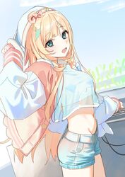  :d absurdres belt blonde_hair breasts day female from_side green_eyes highres hololive jacket kazama_iroha kazama_iroha_(streetwear) large_breasts long_hair looking_at_viewer looking_to_the_side midriff navel open_clothes open_jacket outdoors pink_jacket shorts smile solo stomach syhan teeth upper_teeth_only virtual_youtuber white_headwear white_jacket 