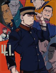  3boys birthday black_eyes black_hair breast_padding buzz_cut collage facial_hair golden_kamuy hat highres hood hooded_coat kepi long_sideburns military military_hat military_uniform mineco000 moustache multiple_boys protected_link shiraishi_yoshitake short_hair sideburns stubble tsukishima_hajime tsurumi_tokushirou twitter_username uniform very_short_hair 