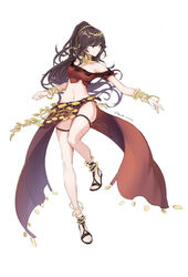  absurdres bare_shoulders breasts brown_eyes brown_hair crop_top dancer_(final_fantasy) dated female full_body gorget harem_outfit highres jewelry large_breasts legs midriff multiple_bracelets navel octopath_traveler octopath_traveler_i off-shoulder_shirt off_shoulder pelvic_curtain ponytail primrose_azelhart sandals shirt signature simple_background solo thigh_strap thighs white_background yuusha_hakuyoku 