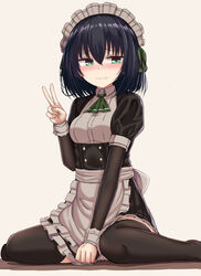  apron ascot black_dress black_hair black_thighhighs blush breasts brown_background closed_mouth collared_shirt commentary_request covering_crotch covering_privates dress dress_shirt feet_out_of_frame female frilled_apron frilled_dress frills green_ascot green_eyes hair_between_eyes hand_up highres izumi_(yakob_labo) layered_sleeves long_sleeves maid maid_headdress nose_blush original puffy_short_sleeves puffy_sleeves school_uniform shadow shirt short_over_long_sleeves short_sleeves sitting small_breasts solo tears thighhighs v waist_apron wariza wavy_mouth white_apron white_shirt yakob_labo 