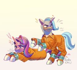  absurd_res angry blue_body blue_eyes blue_hair bodily_fluids bound chained chains clothed clothing cuff_(restraint) duo equid equine female female/female feral friendship_is_magic fully_clothed hair hasbro hi_res hooves horn horse junkochi mammal my_little_pony orange_jumpsuit pony prison_suit prison_uniform prisoner purple_body purple_eyes purple_hair restrained restraints sad shackles simple_background starlight_glimmer_(mlp) sweat trixie_(mlp) unguligrade 