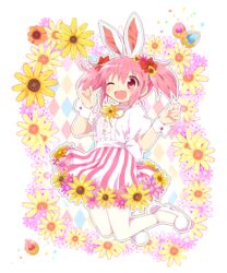  ;d alternate_costume animal_ears ankle_strap argyle_background beige_background border bow center_frills colorful commentary_request confetti dot_nose easter facing_viewer fake_animal_ears female fingernails flat_chest flower flower_border flower_skirt frills full_body hair_flower hair_ornament hair_ribbon hands_up happy highres kaname_madoka knees_together_feet_apart light_blush mahou_shoujo_madoka_magica mahou_shoujo_madoka_magica_(anime) miniskirt mochizuki_yomogi neck_ribbon one_eye_closed open_mouth orange_flower pantyhose pink_eyes pink_flower pink_hair pom_pom_(clothes) puffy_short_sleeves puffy_sleeves purple_flower rabbit_ears red_ribbon ribbon shoes short_sleeves short_twintails simple_background skirt smile solo soul_gem striped_clothes striped_skirt tareme twintails vertical-striped_clothes vertical-striped_skirt waist_bow white_border white_bow white_footwear white_pantyhose wrist_cuffs yellow_flower yellow_ribbon 