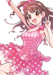  arm_up bare_shoulders blush breasts brown_eyes brown_hair collarbone dress earrings female hair_ribbon idolmaster idolmaster_cinderella_girls idolmaster_cinderella_girls_starlight_stage jewelry layered_dress long_hair looking_at_viewer medium_breasts nanonin necklace one_side_up open_mouth pink_dress pink_wristband polka_dot red_ribbon ribbon shimamura_uzuki simple_background smile solo v white_background 