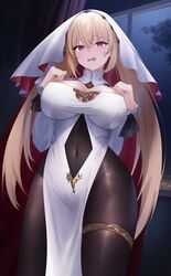  absurdres azur_lane black_bodysuit blonde_hair blush bodysuit breasts cleavage clenched_hands clothing_cutout commentary_request covered_navel cowboy_shot curtains dress female hair_between_eyes highres indoors kersaint_(azur_lane) large_breasts long_hair long_sleeves looking_at_viewer navel_cutout night open_mouth partial_commentary pelvic_curtain rausu_(undeadmachine) red_eyes sidelocks skindentation solo standing thighlet veil white_dress white_veil window 