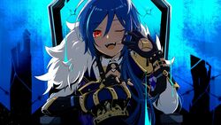  +_+ 1boy ;d abstract_background arm_up backlighting bad_id bad_twitter_id black_gloves blue_hair blue_theme cape commentary crown dark-skinned_male dark_skin derivative_work fangs fingerless_gloves formal fur-trimmed_cape fur_trim genshin_impact gloves holding holding_crown kaeya_(genshin_impact) king_(vocaloid) long_hair male_focus one_eye_closed open_mouth parody ponytail red_eyes sidelocks sitting smile solo symbol-shaped_pupils teeth thrown tongue upper_body upper_teeth_only yuuzatta 