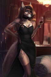  2021 5_fingers amur anthro beverage black_nose breasts brown_body brown_fur brown_hair candle canid canine chessie_(shycyborg) clothed clothing digital_media_(artwork) eyebrows eyelashes female fingers fox fur hair hi_res mammal purple_eyes solo 