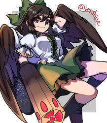  arm_cannon bird_wings black_hair black_socks black_wings bow breasts brown_eyes buttons cape center_frills closed_mouth collared_shirt commentary control_rod feathered_wings female foot_out_of_frame frilled_shirt_collar frilled_skirt frills green_bow green_skirt hairbow highres kneehighs long_hair one-hour_drawing_challenge ponytail puffy_short_sleeves puffy_sleeves radiation_symbol reiuji_utsuho renshirenji shirt short_sleeves simple_background skirt smile socks solo starry_sky_print third_eye touhou weapon white_background white_cape white_shirt wings 