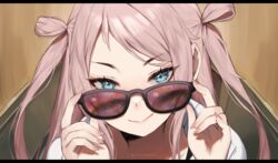  adjusting_eyewear blue_eyes commentary english_commentary female letterboxed long_hair looking_at_viewer looking_over_eyewear love_live! love_live!_nijigasaki_high_school_idol_club pink_hair portrait sidelocks smile solo sunglasses terupancake twitter_username two_side_up zhong_lanzhu 