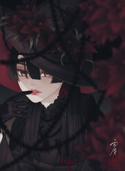  absurdres black_gloves black_hair black_hat black_kimono blurry blurry_foreground brown_eyes brown_flower commentary depth_of_field earrings eyeshadow female finger_to_mouth flower frills gloves hair_between_eyes half-closed_eyes hand_up hat hat_flower highres japanese_clothes jewelry kamchatka_lily kimono lace lily_(flower) long_hair long_sleeves looking_at_viewer makeup mole mole_under_eye necklace obi original parted_lips pearl_necklace red_eyeshadow red_flower sash seal_impression signature solo tassel upper_body ushiyama_ame witch witch_hat 