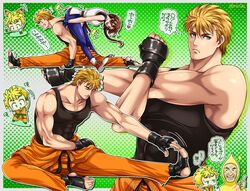  1boy bare_shoulders belt black_belt black_tank_top blonde_hair blue_eyes braid braided_ponytail brother_and_sister brown_hair covered_abs dougi female fingerless_gloves gloves highres martial_arts_belt miru_(mill_36) muscular pectorals ryou_sakazaki ryuuko_no_ken shirt short_hair siblings sleeveless sleeveless_shirt stretching tank_top the_king_of_fighters translation_request twitter_username yuri_sakazaki 